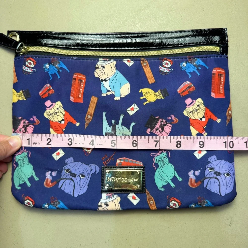 Betsey Johnson London Bulldog Pouch‎ Womens Navy Blue Kitsch Makeup Bag Clutch